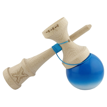 Kendama X Originala, Profesionala, Flippy, Big Cups V2, Super Sticky cu Cupe Mari, din lemn 18 cm, Rulment Metalic cu Ata 55 cm, Albastru/Alb [3]