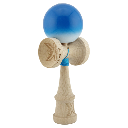 Kendama X Originala, Profesionala, Flippy, Big Cups V2, Super Sticky cu Cupe Mari, din lemn 18 cm, Rulment Metalic cu Ata 55 cm, Albastru/Alb [8]
