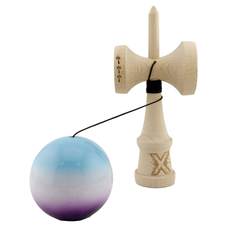 Kendama X Originala, Profesionala, Flippy, Big Cups V2, Super Sticky cu Cupe Mari, din lemn 18 cm, Rulment Metalic cu Ata 55 cm, Albastru/Alb/Mov [2]