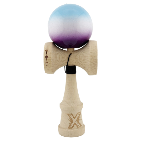 Kendama - Kendama X Originala, Profesionala, Flippy, Big Cups V2, Super Sticky cu Cupe Mari, din lemn 18 cm, Rulment Metalic cu Ata 55 cm, Albastru/Alb/Mov