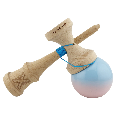 Kendama X Originala, Profesionala, Flippy, Big Cups V2, Super Sticky cu Cupe Mari, din lemn 18 cm, Rulment Metalic cu Ata 55 cm, Albastru deschis/Roz [3]