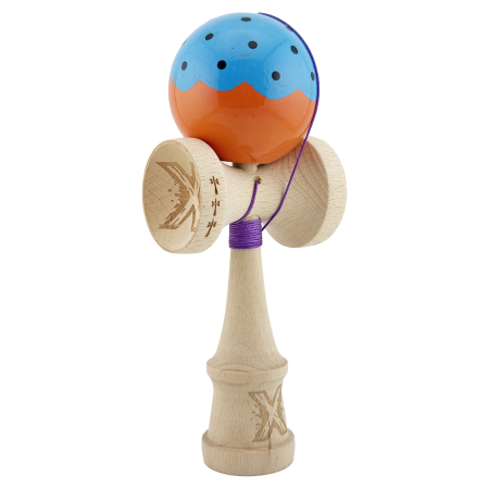 Kendama X Originala, Profesionala, Flippy, Big Cups V2, Super Sticky cu Cupe Mari, din lemn 18 cm, Rulment Metalic cu Ata 55 cm, Albastru/Portocaliu [1]