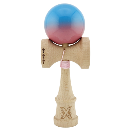 Kendama - Kendama X Originala, Profesionala, Flippy, Big Cups V2, Super Sticky cu Cupe Mari, din lemn 18 cm, Rulment Metalic cu Ata 55 cm, Albastru/Roz