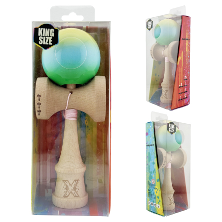 Kendama X Originala, Profesionala, Flippy, Big Cups V2, Super Sticky cu Cupe Mari, din lemn 18 cm, Rulment Metalic cu Ata 55 cm, Galben/Albastru/Verde [9]
