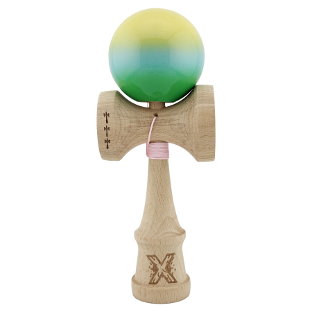 Kendama - Kendama X Originala, Profesionala, Flippy, Big Cups V2, Super Sticky cu Cupe Mari, din lemn 18 cm, Rulment Metalic cu Ata 55 cm, Galben/Albastru/Verde