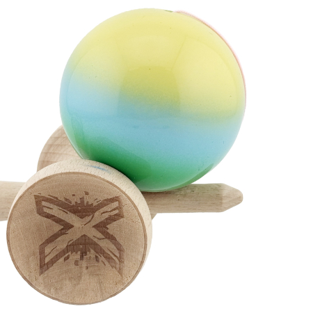 Kendama X Originala, Profesionala, Flippy, Big Cups V2, Super Sticky cu Cupe Mari, din lemn 18 cm, Rulment Metalic cu Ata 55 cm, Galben/Albastru/Verde [6]