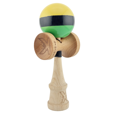 Kendama X Originala, Profesionala, Flippy, Big Cups V2, Super Sticky cu Cupe Mari, din lemn 18 cm, Rulment Metalic cu Ata 55 cm, Galben/Negru/Verde [9]