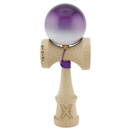 Kendama - Kendama X Originala, Profesionala, Flippy, Big Cups V2, Super Sticky cu Cupe Mari, din lemn 18 cm, Rulment Metalic cu Ata 55 cm, Mov/Alb