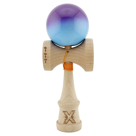 Kendama - Kendama X Originala, Profesionala, Flippy, Big Cups V2, Super Sticky cu Cupe Mari, din lemn 18 cm, Rulment Metalic cu Ata 55 cm, Mov/Albastru
