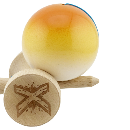 Kendama X Originala, Profesionala, Flippy, Big Cups V2, Super Sticky cu Cupe Mari, din lemn 18 cm, Rulment Metalic cu Ata 55 cm, Portocaliu/Galben/Alb [6]