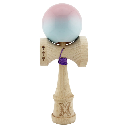 Kendama - Kendama X Originala, Profesionala, Flippy, Big Cups V2, Super Sticky cu Cupe Mari, din lemn 18 cm, Rulment Metalic cu Ata 55 cm, Roz/Albastru deschis