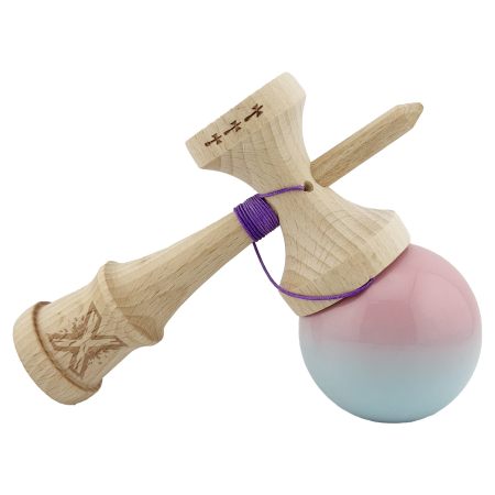 Kendama X Originala, Profesionala, Flippy, Big Cups V2, Super Sticky cu Cupe Mari, din lemn 18 cm, Rulment Metalic cu Ata 55 cm, Roz/Albastru deschis [3]