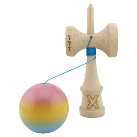 Kendama X Originala, Profesionala, Flippy, Big Cups V2, Super Sticky cu Cupe Mari, din lemn 18 cm, Rulment Metalic cu Ata 55 cm, Roz/Galben/Albastru [2]