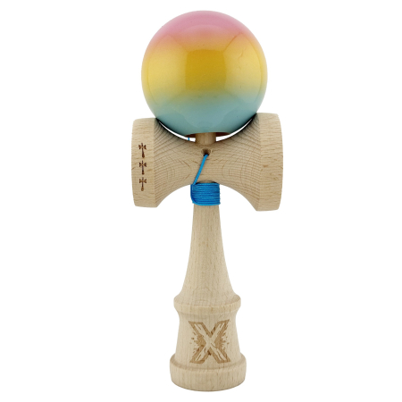 Kendama - Kendama X Originala, Profesionala, Flippy, Big Cups V2, Super Sticky cu Cupe Mari, din lemn 18 cm, Rulment Metalic cu Ata 55 cm, Roz/Galben/Albastru
