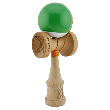 Kendama X Originala, Profesionala, Flippy, Big Cups V2, Super Sticky cu Cupe Mari, din lemn 18 cm, Rulment Metalic cu Ata 55 cm, Verde/Alb [1]