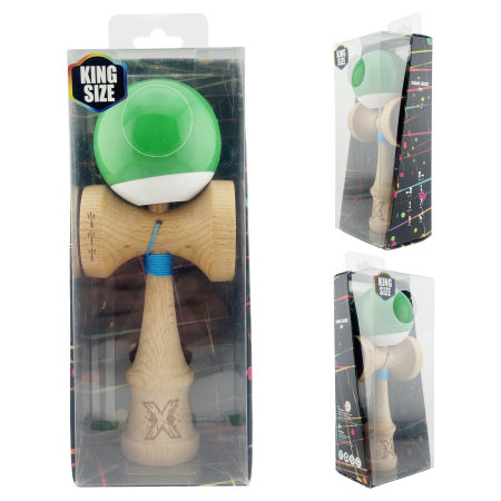 Kendama X Originala, Profesionala, Flippy, Big Cups V2, Super Sticky cu Cupe Mari, din lemn 18 cm, Rulment Metalic cu Ata 55 cm, Verde/Alb [9]