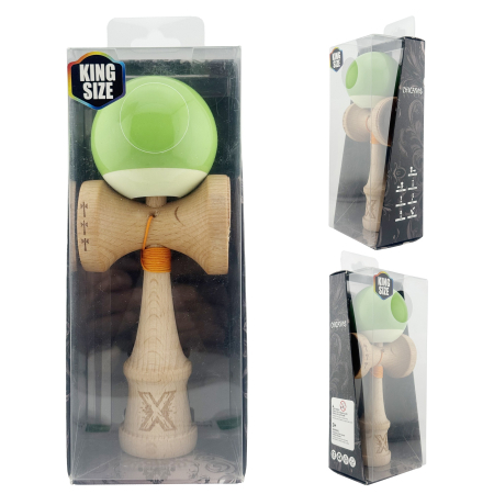 Kendama X Originala, Profesionala, Flippy, Big Cups V2, Super Sticky cu Cupe Mari, din lemn 18 cm, Rulment Metalic cu Ata 55 cm, Verde deschis/Alb [9]