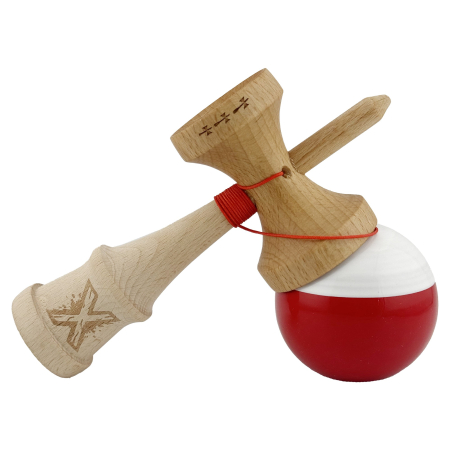 Kendama X Originala, Profesionala, Flippy, Big Cups V2, Super Sticky cu Cupe Mari, Rulment Metalic, din lemn 18 cm, Ata 55 cm, Alb/Rosu [3]