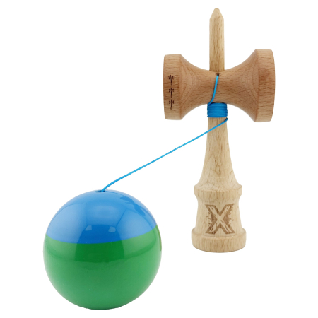 Kendama X Originala, Profesionala, Flippy, Big Cups V2, Super Sticky cu Cupe Mari, Rulment Metalic, din lemn 18 cm, Ata 55 cm, Albastru/Verde [2]