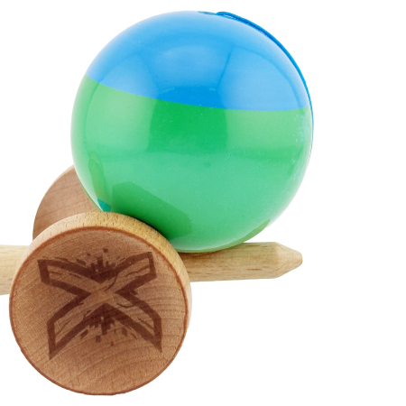 Kendama X Originala, Profesionala, Flippy, Big Cups V2, Super Sticky cu Cupe Mari, Rulment Metalic, din lemn 18 cm, Ata 55 cm, Albastru/Verde [7]