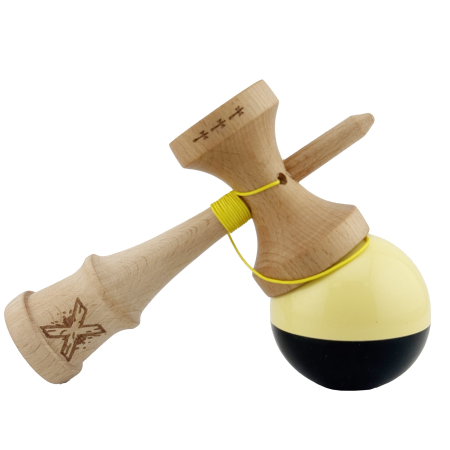 Kendama X Originala, Profesionala, Flippy, Big Cups V2, Super Sticky cu Cupe Mari, Rulment Metalic, din lemn 18 cm, Ata 55 cm, Galben/Negru [3]
