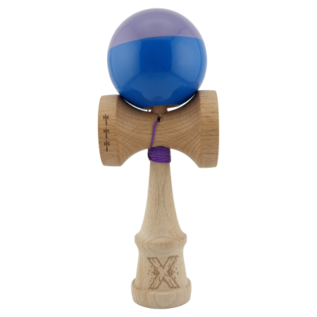 Sub 99 Lei - Kendama X Originala, Profesionala, Flippy, Big Cups V2, Super Sticky cu Cupe Mari, Rulment Metalic, din lemn 18 cm, Ata 55 cm, Mov/Albastru