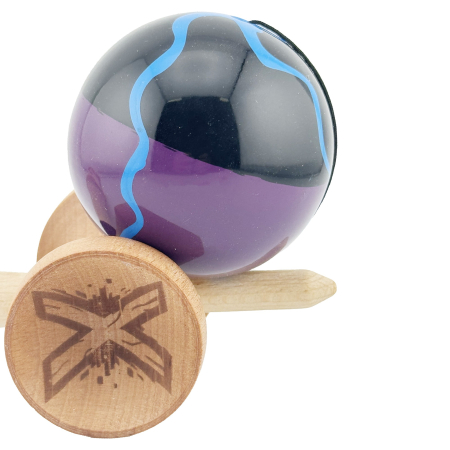 Kendama X Originala, Profesionala, Flippy, Big Cups V2, Super Sticky cu Cupe Mari, Rulment Metalic, din lemn 18 cm, Ata 55 cm, Negru/Mov [7]