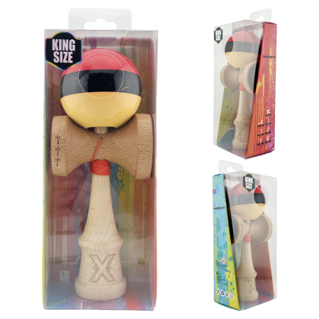 Kendama X Originala, Profesionala, Flippy, Big Cups V2, Super Sticky cu Cupe Mari, Rulment Metalic, din lemn 18 cm, Ata 55 cm, Rosu/Negru/Galben [4]