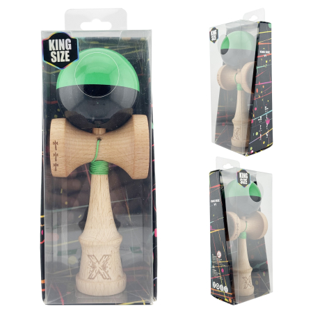 Kendama X Originala, Profesionala, Flippy, Big Cups V2, Super Sticky cu Cupe Mari, Rulment Metalic, din lemn 18 cm, Ata 55 cm, Verde/Negru [3]
