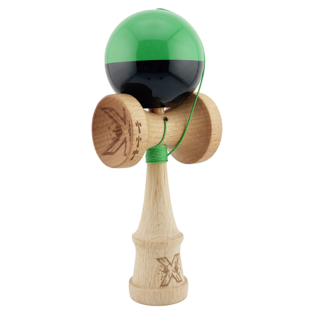 Kendama - Kendama X Originala, Profesionala, Flippy, Big Cups V2, Super Sticky cu Cupe Mari, Rulment Metalic, din lemn 18 cm, Ata 55 cm, Verde/Negru