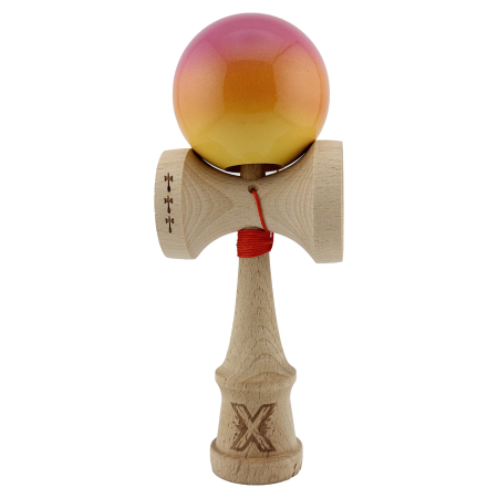 Kendama - Kendama X Originala, Profesionala, Flippy, Big Cups V2, Super Sticky Cupe Mari, Rulment Metalic cu Ata 55 cm, Roz/Portocaliu/Galben