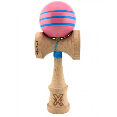 Kendama - Kendama X Originala, Profesionala, Flippy, Big Cups V2, Super Sticky Legendary Cupe Mari, Rulment Metalic cu Ata 55 cm, Roz/Linii Albastre deschise