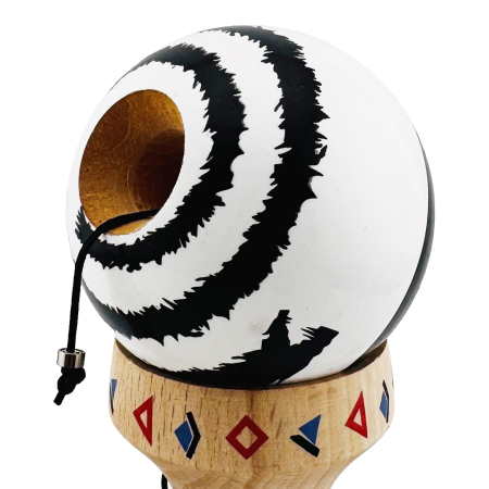 Kendama X Originala, Profesionala, Flippy, BLACK DRAGON, Super Sticky cu Cupe Mari KING SIZE V3, Gaura in Baza, Rulment Metalic, din lemn 18 cm, Ata 62/65 cm, Alb/Negru [9]