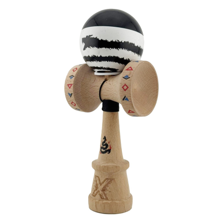 Kendama X Originala, Profesionala, Flippy, BLACK DRAGON, Super Sticky cu Cupe Mari KING SIZE V3, Gaura in Baza, Rulment Metalic, din lemn 18 cm, Ata 62/65 cm, Alb/Negru [2]