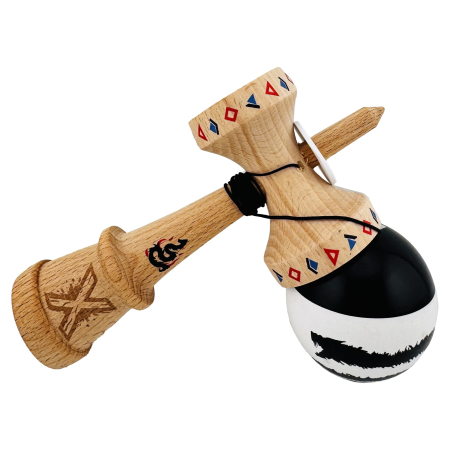 Kendama X Originala, Profesionala, Flippy, BLACK DRAGON, Super Sticky cu Cupe Mari KING SIZE V3, Gaura in Baza, Rulment Metalic, din lemn 18 cm, Ata 62/65 cm, Alb/Negru [3]
