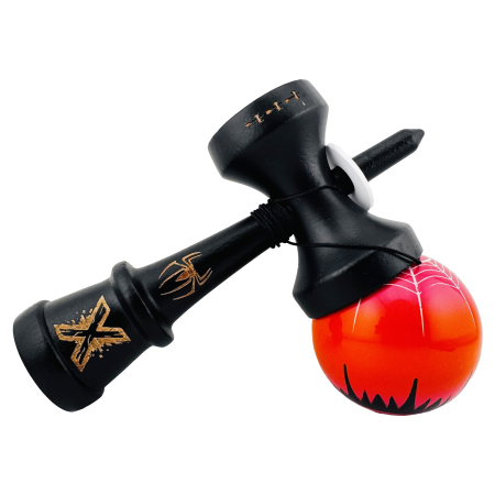Kendama X Originala, Profesionala, Flippy, BLACK Spider King, Super Sticky cu Cupe Mari KING SIZE V3, Gaura in Baza, Rulment Metalic, din lemn 18 cm, Ata 62/65 cm, Rosu/Negru [4]