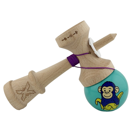 Kendama X Originala, Profesionala, Flippy, Blue Monkey, Super Sticky cu Cupe Mari King Size V3, Rulment Metalic si Gaura in Baza, din Lemn 18 cm, Ata 62/65 cm, Turcoaz [4]
