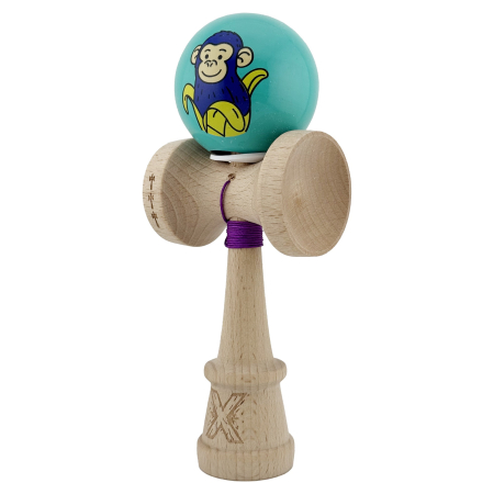 Kendama X Originala, Profesionala, Flippy, Blue Monkey, Super Sticky cu Cupe Mari King Size V3, Rulment Metalic si Gaura in Baza, din Lemn 18 cm, Ata 62/65 cm, Turcoaz [2]