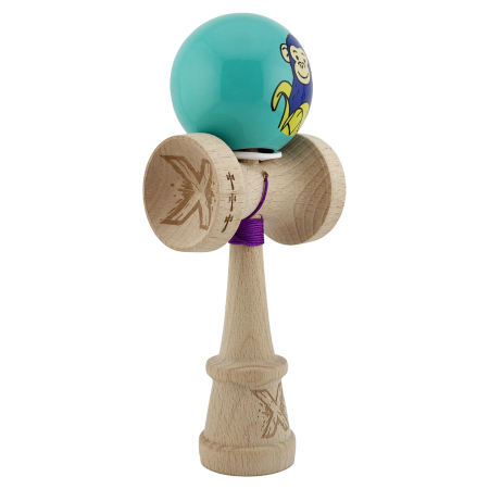 Kendama - Kendama X Originala, Profesionala, Flippy, Blue Monkey, Super Sticky cu Cupe Mari King Size V3, Rulment Metalic si Gaura in Baza, din Lemn 18 cm, Ata 62/65 cm, Turcoaz