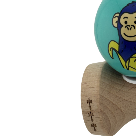 Kendama X Originala, Profesionala, Flippy, Blue Monkey, Super Sticky cu Cupe Mari King Size V3, Rulment Metalic si Gaura in Baza, din Lemn 18 cm, Ata 62/65 cm, Turcoaz [7]