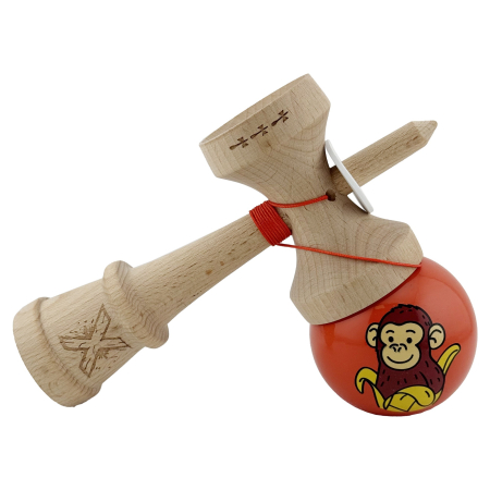 Kendama X Originala, Profesionala, Flippy, Brown Monkey, Super Sticky cu Cupe Mari King Size V3, Rulment Metalic si Gaura in Baza, din Lemn 18 cm, Ata 62/65 cm, Rosu [4]