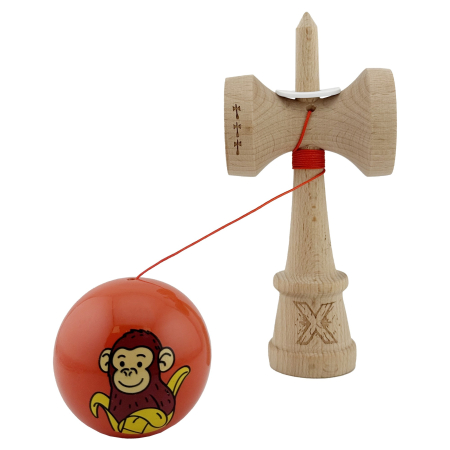 Kendama X Originala, Profesionala, Flippy, Brown Monkey, Super Sticky cu Cupe Mari King Size V3, Rulment Metalic si Gaura in Baza, din Lemn 18 cm, Ata 62/65 cm, Rosu [3]