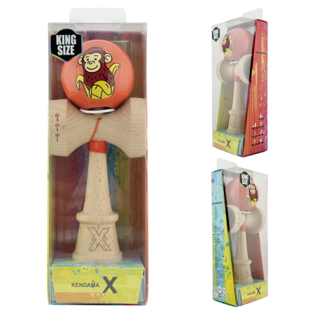 Kendama X Originala, Profesionala, Flippy, Brown Monkey, Super Sticky cu Cupe Mari King Size V3, Rulment Metalic si Gaura in Baza, din Lemn 18 cm, Ata 62/65 cm, Rosu [5]