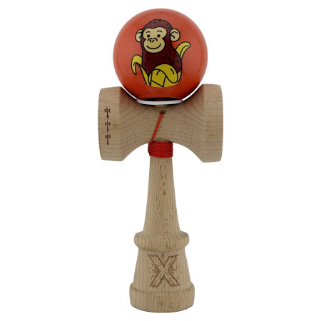 Kendama X Originala, Profesionala, Flippy, Brown Monkey, Super Sticky cu Cupe Mari King Size V3, Rulment Metalic si Gaura in Baza, din Lemn 18 cm, Ata 62/65 cm, Rosu [1]