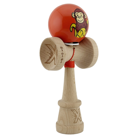 Kendama - Kendama X Originala, Profesionala, Flippy, Brown Monkey, Super Sticky cu Cupe Mari King Size V3, Rulment Metalic si Gaura in Baza, din Lemn 18 cm, Ata 62/65 cm, Rosu