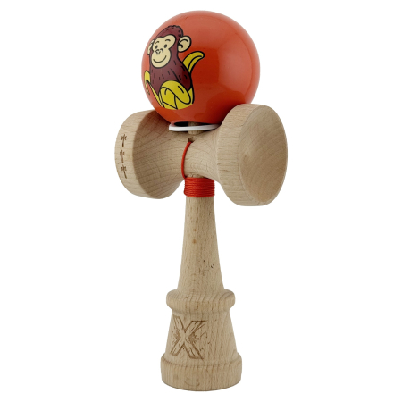 Kendama X Originala, Profesionala, Flippy, Brown Monkey, Super Sticky cu Cupe Mari King Size V3, Rulment Metalic si Gaura in Baza, din Lemn 18 cm, Ata 62/65 cm, Rosu [2]