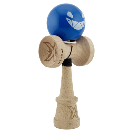 Kendama - Kendama X Originala, Profesionala, Flippy, Crazy Smile, Super Sticky cu Cupe Mari KING SIZE V3, Gaura in Baza, Rulment Metalic, din lemn 18 cm, Ata 62/65 cm, Special Albastru