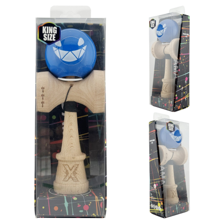 Kendama X Originala, Profesionala, Flippy, Crazy Smile, Super Sticky cu Cupe Mari KING SIZE V3, Gaura in Baza, Rulment Metalic, din lemn 18 cm, Ata 62/65 cm, Special Albastru [5]