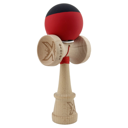 Kendama - Kendama X Originala, Profesionala, Flippy, Cupe Mari KING SIZE V3, Rubber Grip, Gaura in Baza, Rulment Metalic, din lemn 18 cm, Ata 62/65 cm, Bicolor Negru/Rosu