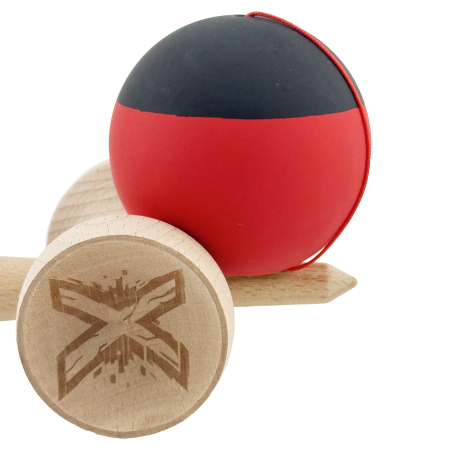 Kendama X Originala, Profesionala, Flippy, Cupe Mari KING SIZE V3, Rubber Grip, Gaura in Baza, Rulment Metalic, din lemn 18 cm, Ata 62/65 cm, Bicolor Negru/Rosu [7]